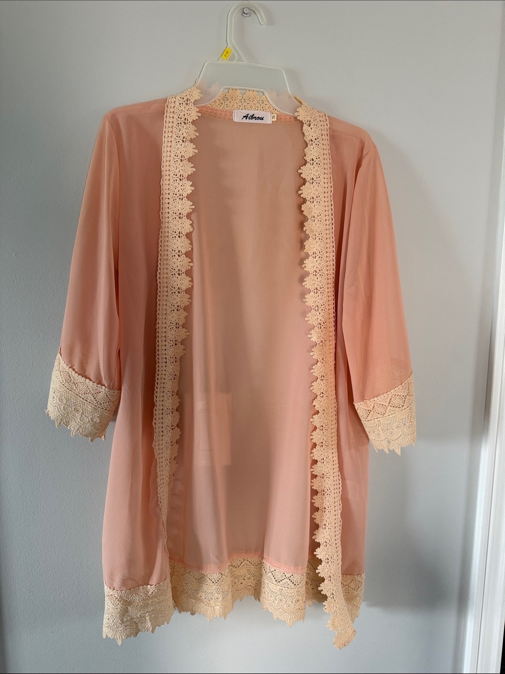 Adore Me Peach & Cream Lace-Trim Sheer Robe